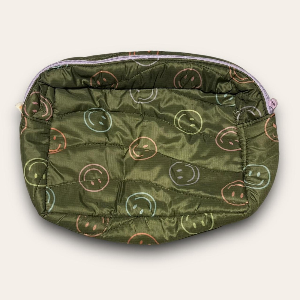 Toot Green Smiley Puffy Busier Bee Makeup Bag Travel Pouch Maximalist Eclectic